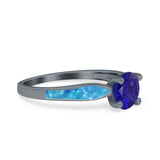Solitaire Accent Engagement Ring Created Blue Opal Round Simulated Cubic Zirconia 925 Sterling Silver
