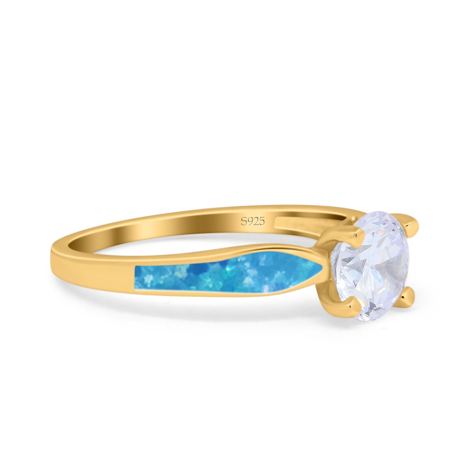 Solitaire Accent Engagement Ring Created Blue Opal Round Simulated Cubic Zirconia 925 Sterling Silver