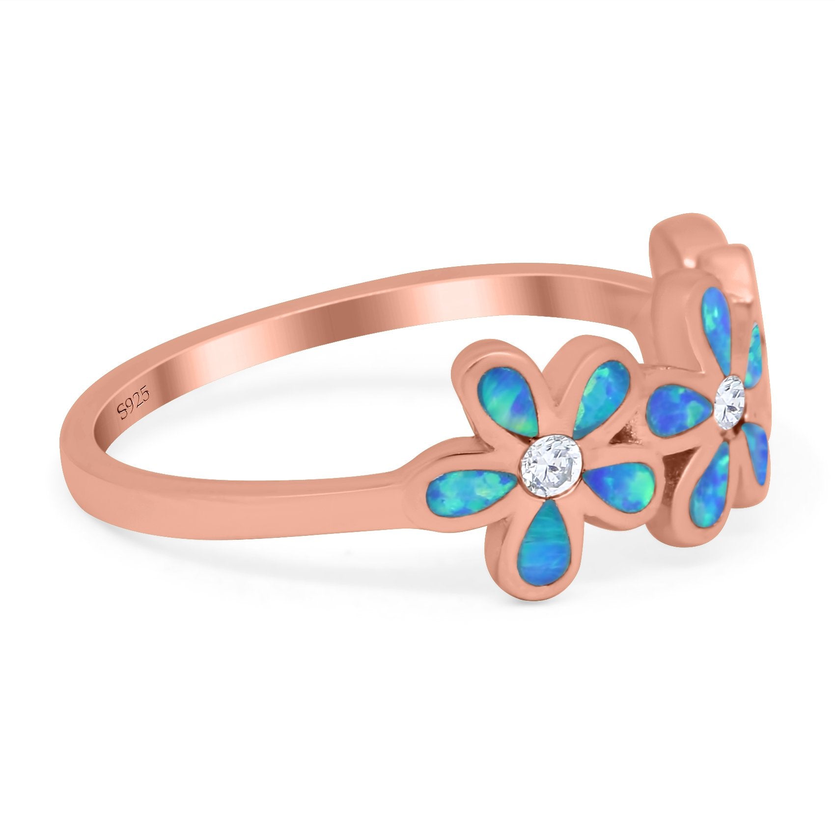 Plumeria Flower Ring Band Lab Created Opal Simulated Cubic Zirconia 925 Sterling Silver (8mm)