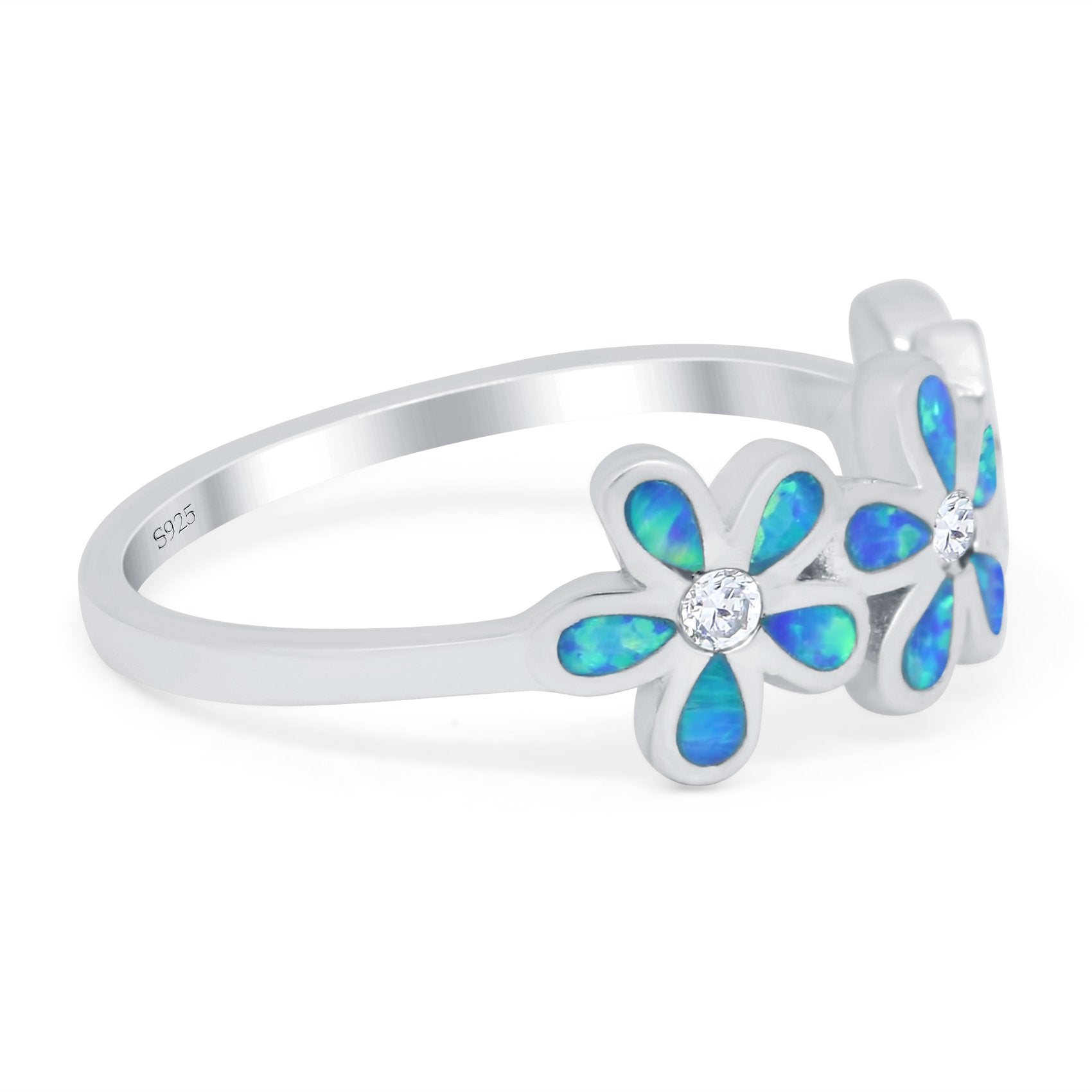 Plumeria Flower Ring Band Lab Created Opal Simulated Cubic Zirconia 925 Sterling Silver (8mm)