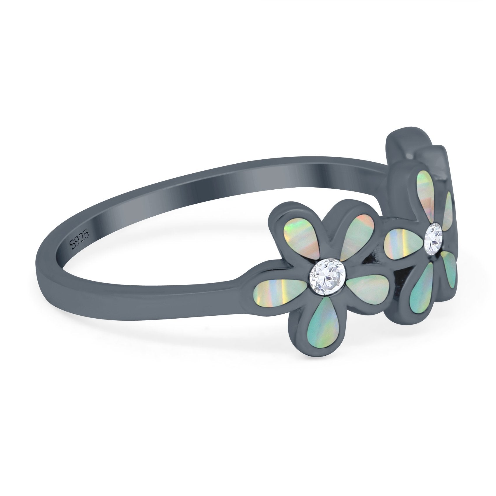 Plumeria Flower Ring Band Lab Created Opal Simulated Cubic Zirconia 925 Sterling Silver (8mm)