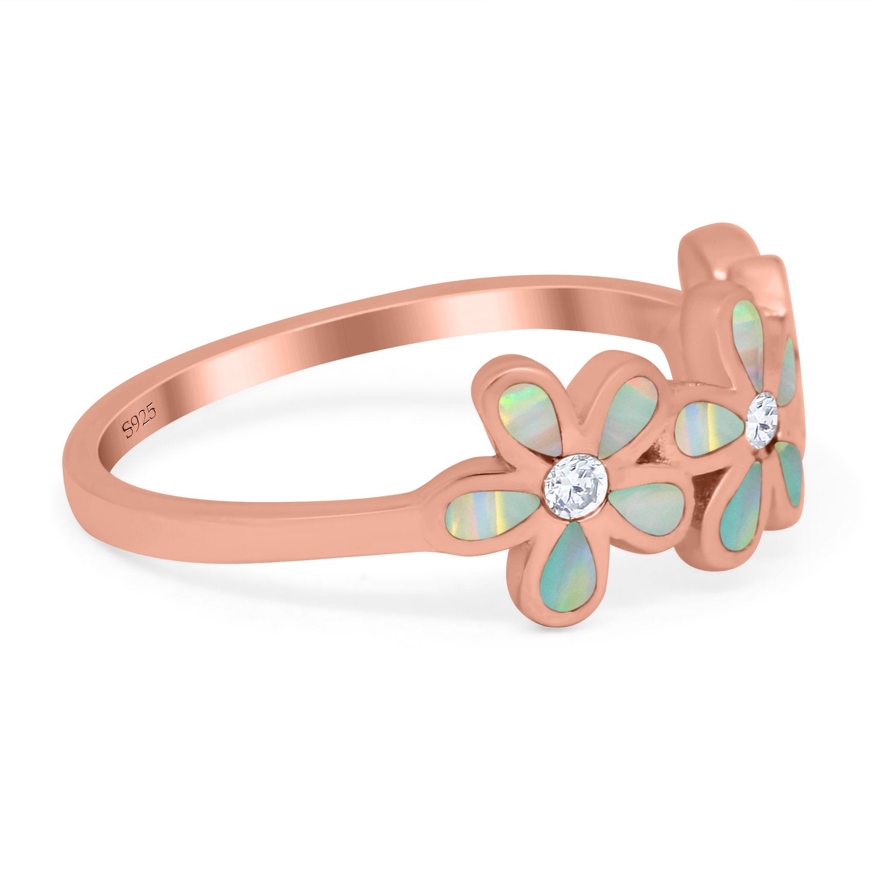 Plumeria Flower Ring Band Lab Created Opal Simulated Cubic Zirconia 925 Sterling Silver (8mm)