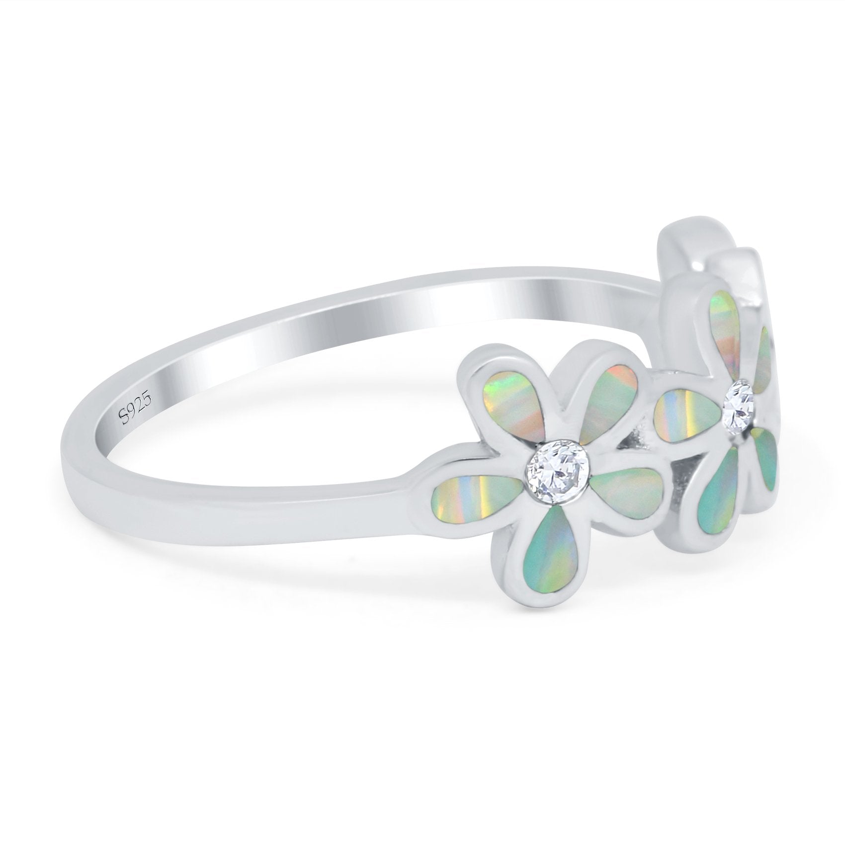 Plumeria Flower Ring Band Lab Created Opal Simulated Cubic Zirconia 925 Sterling Silver (8mm)