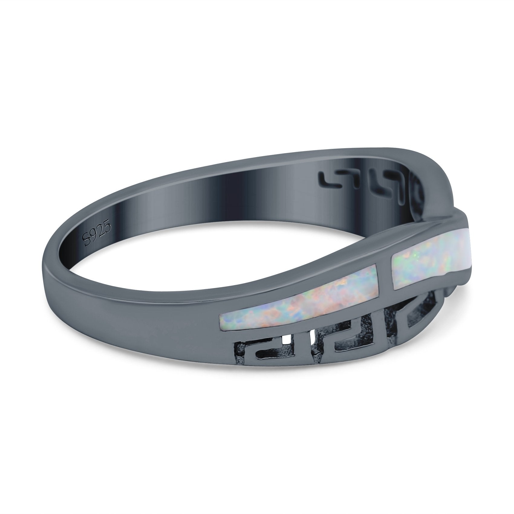 Greek Key Crisscross Ring Lab Created White Opal Band 925 Sterling Silver