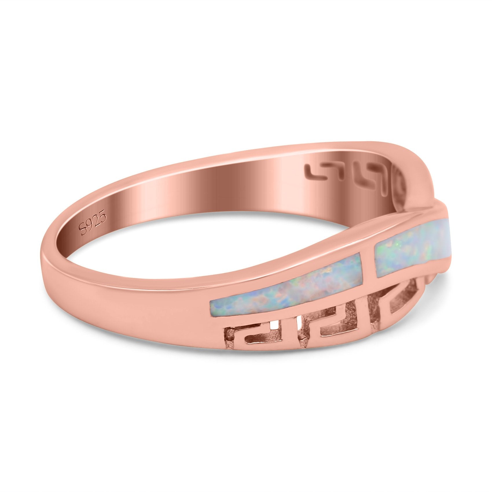 Greek Key Crisscross Ring Lab Created White Opal Band 925 Sterling Silver