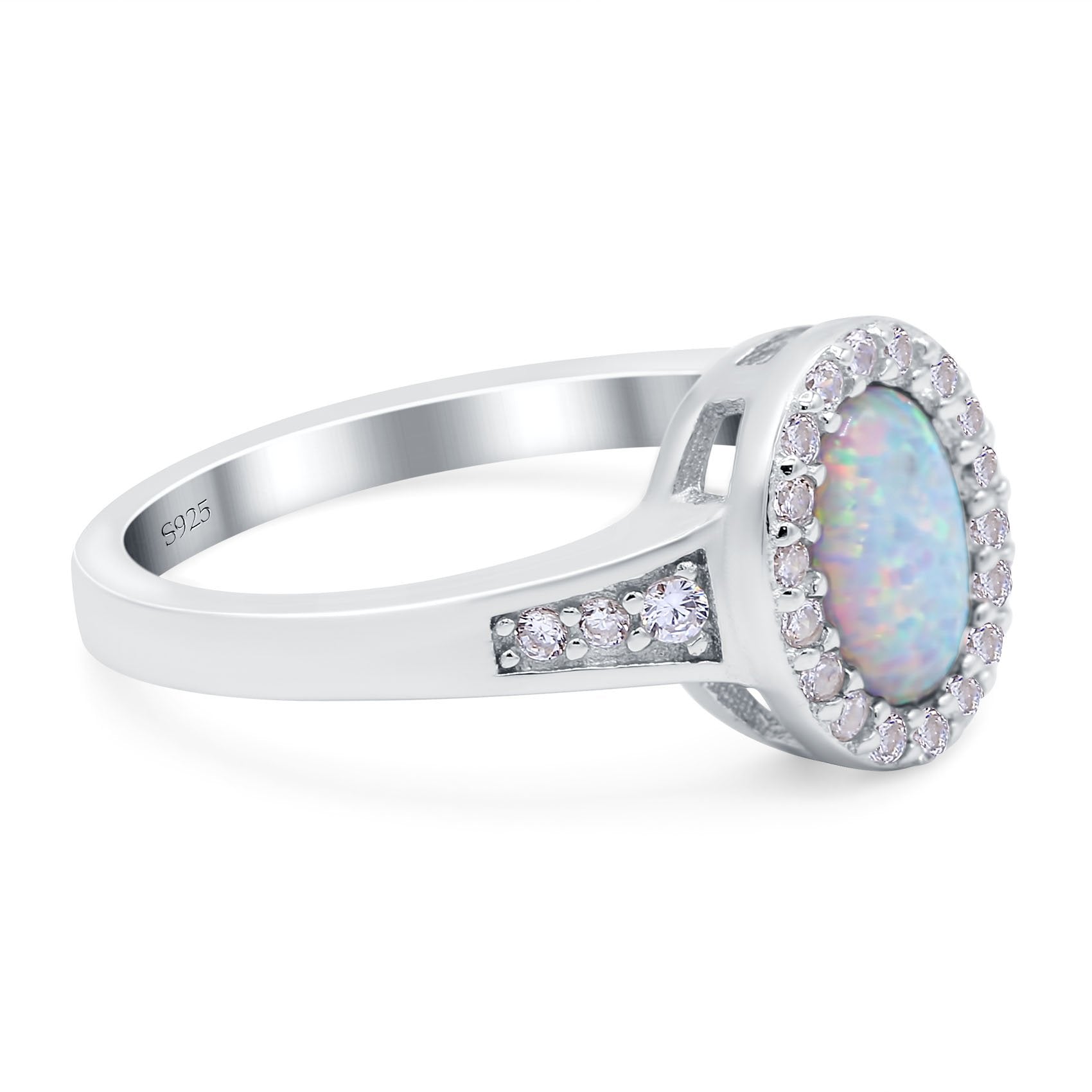 Lab Created Opal Halo Wedding Ring Round Simulated CZ 925 Sterling Silver (11mm)