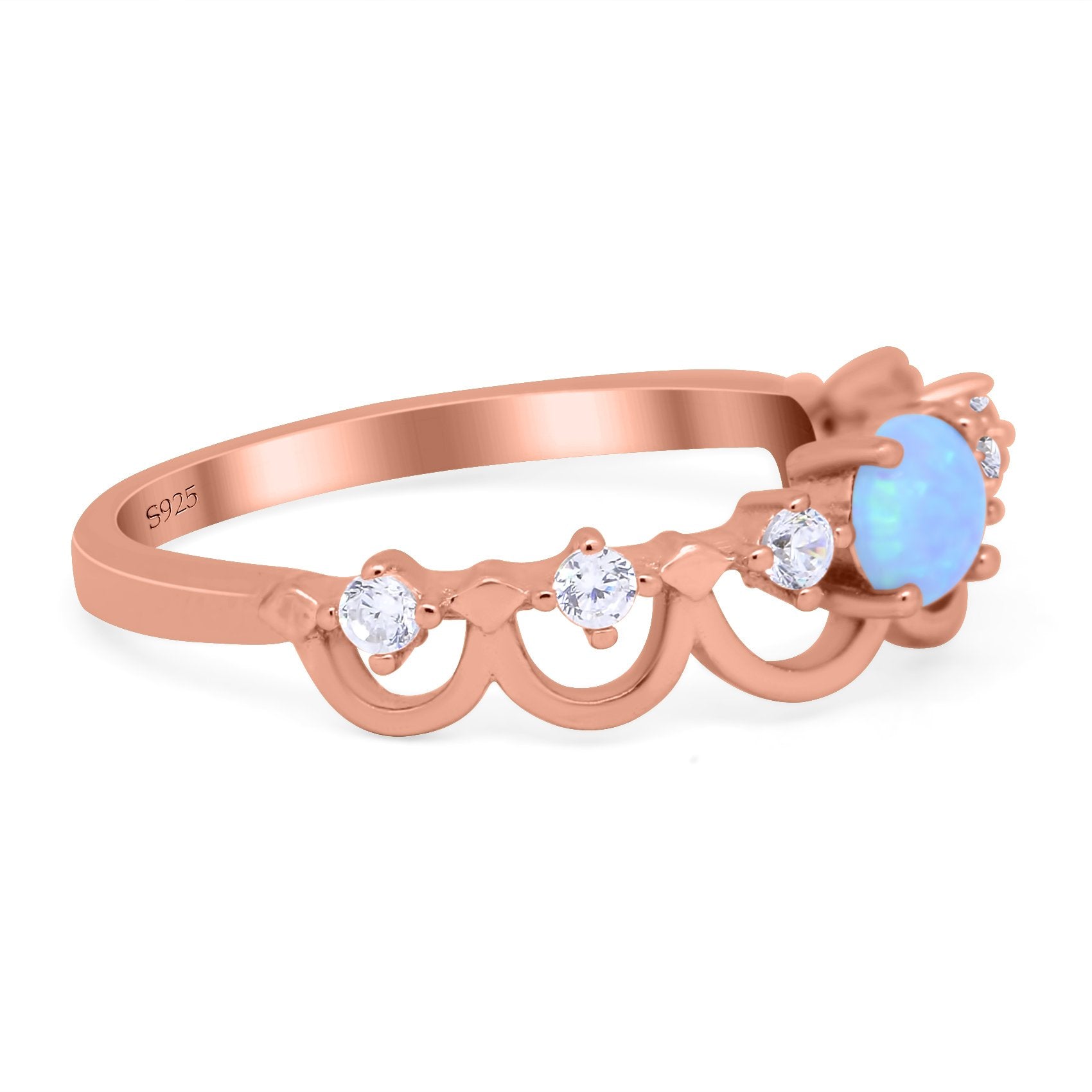 Fashion Half Eternity Ring Wave Design Round Lab Created Blue Opal Simulated Cubic Zirconia 925 Sterling Silver