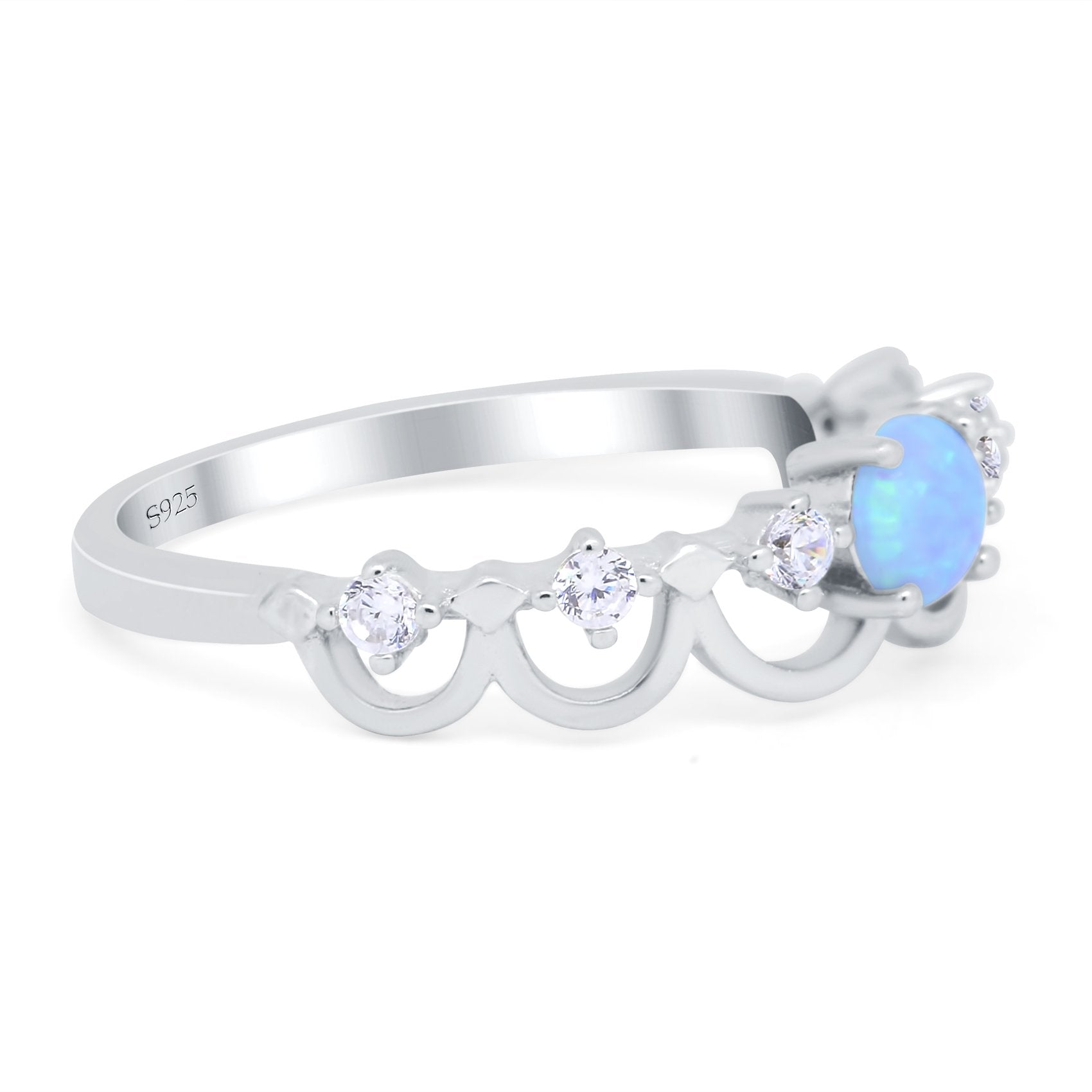 Fashion Half Eternity Ring Wave Design Round Lab Created Blue Opal Simulated Cubic Zirconia 925 Sterling Silver