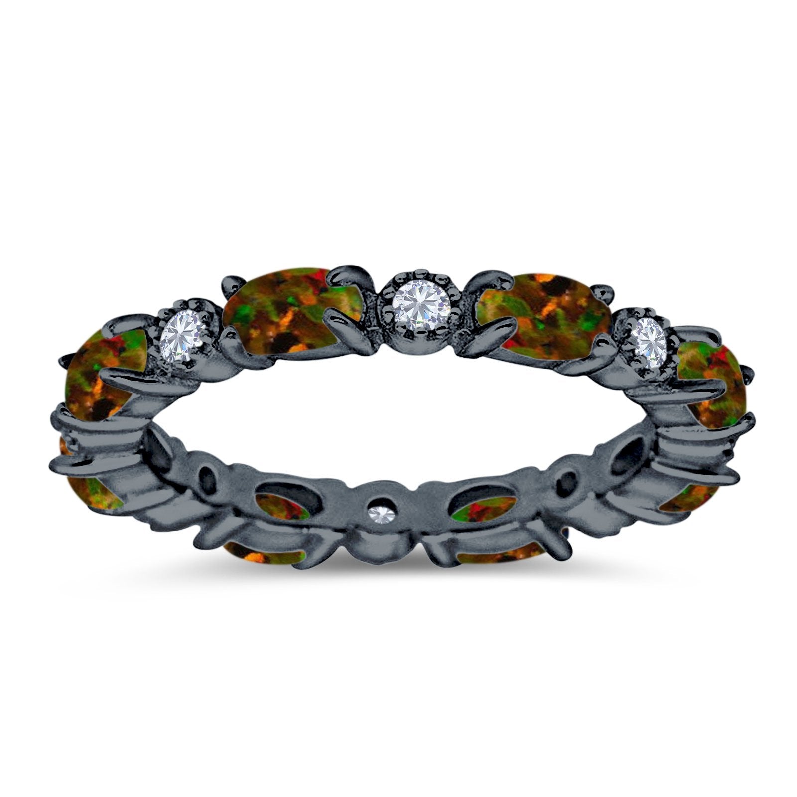 Full Eternity Stackable Band Ring Oval Created Opal 925 Sterling Silver