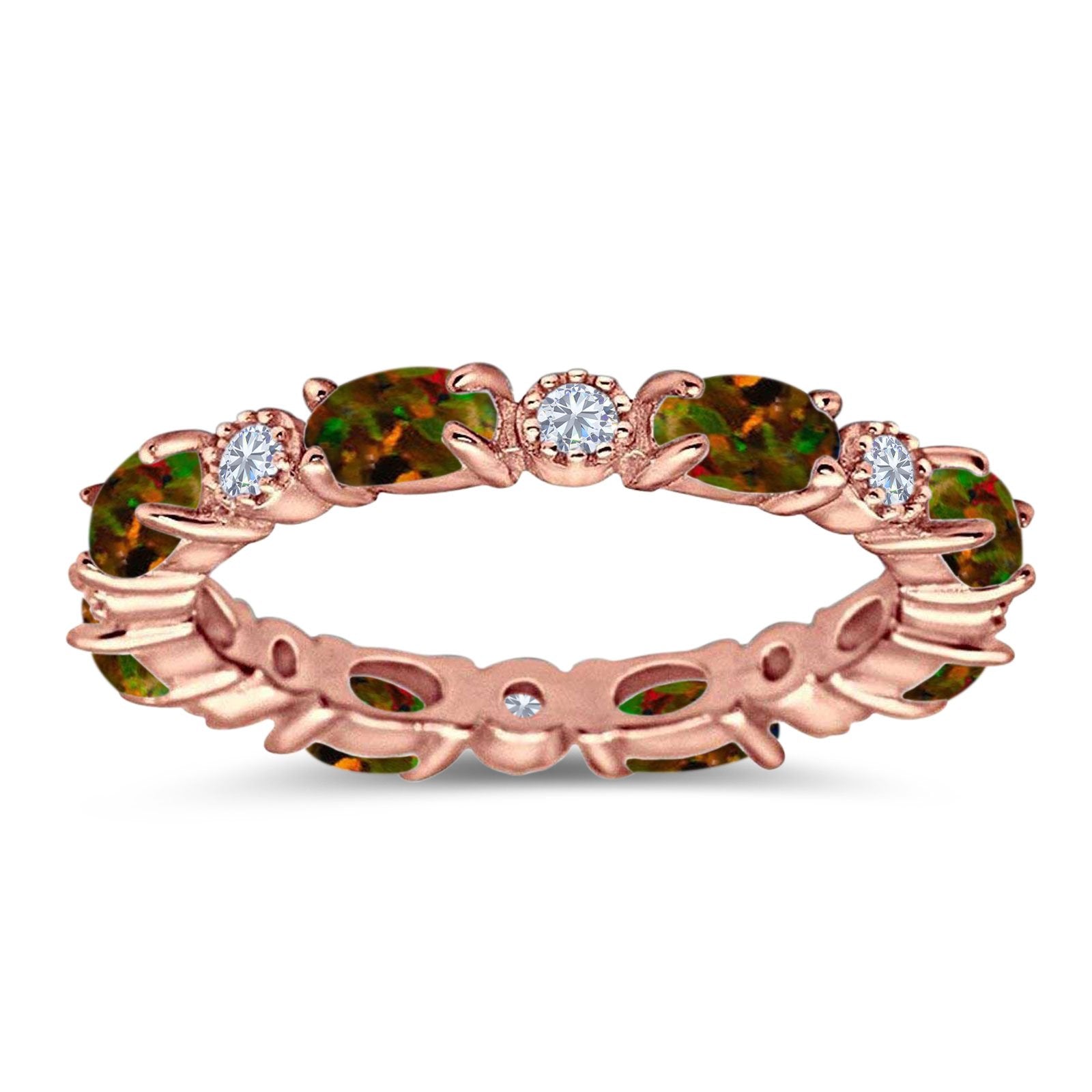 Full Eternity Stackable Band Ring Oval Created Opal 925 Sterling Silver