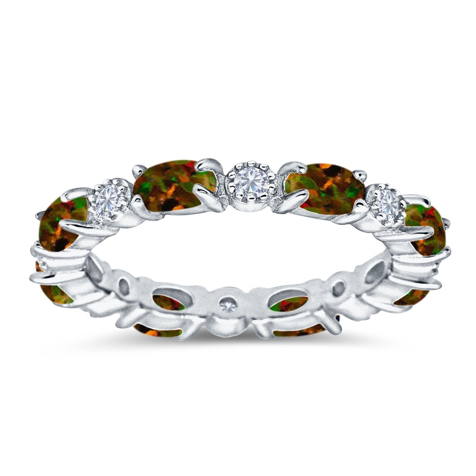 Full Eternity Stackable Band Ring Oval Created Opal 925 Sterling Silver