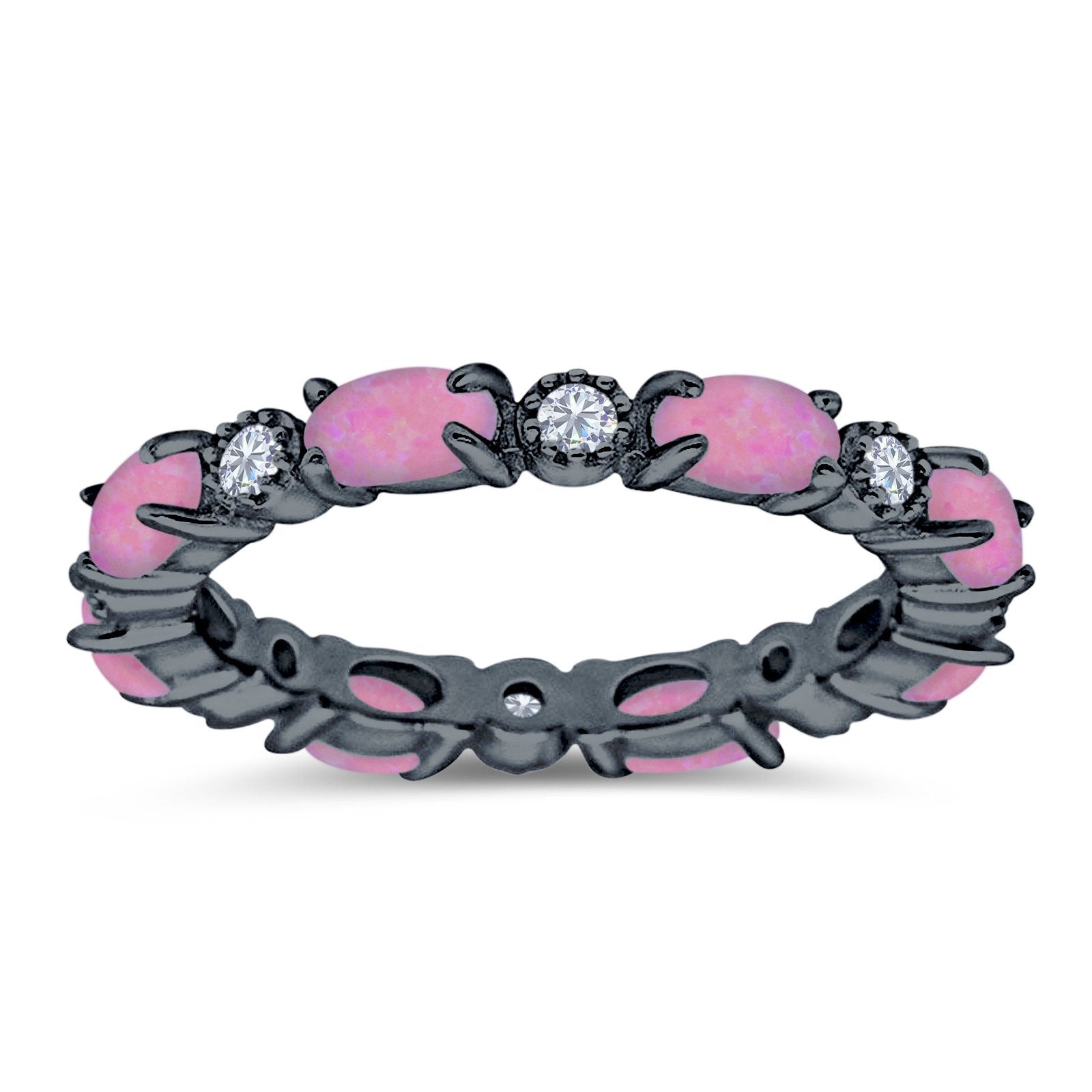 Full Eternity Stackable Band Ring Oval Created Opal 925 Sterling Silver