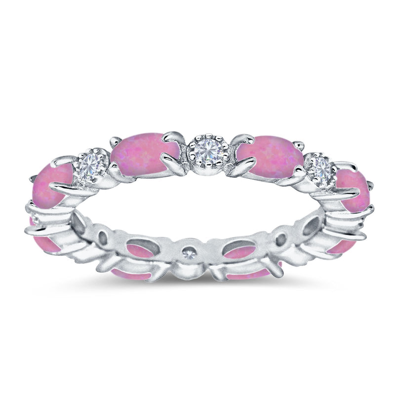 Full Eternity Stackable Band Ring Oval Created Opal 925 Sterling Silver