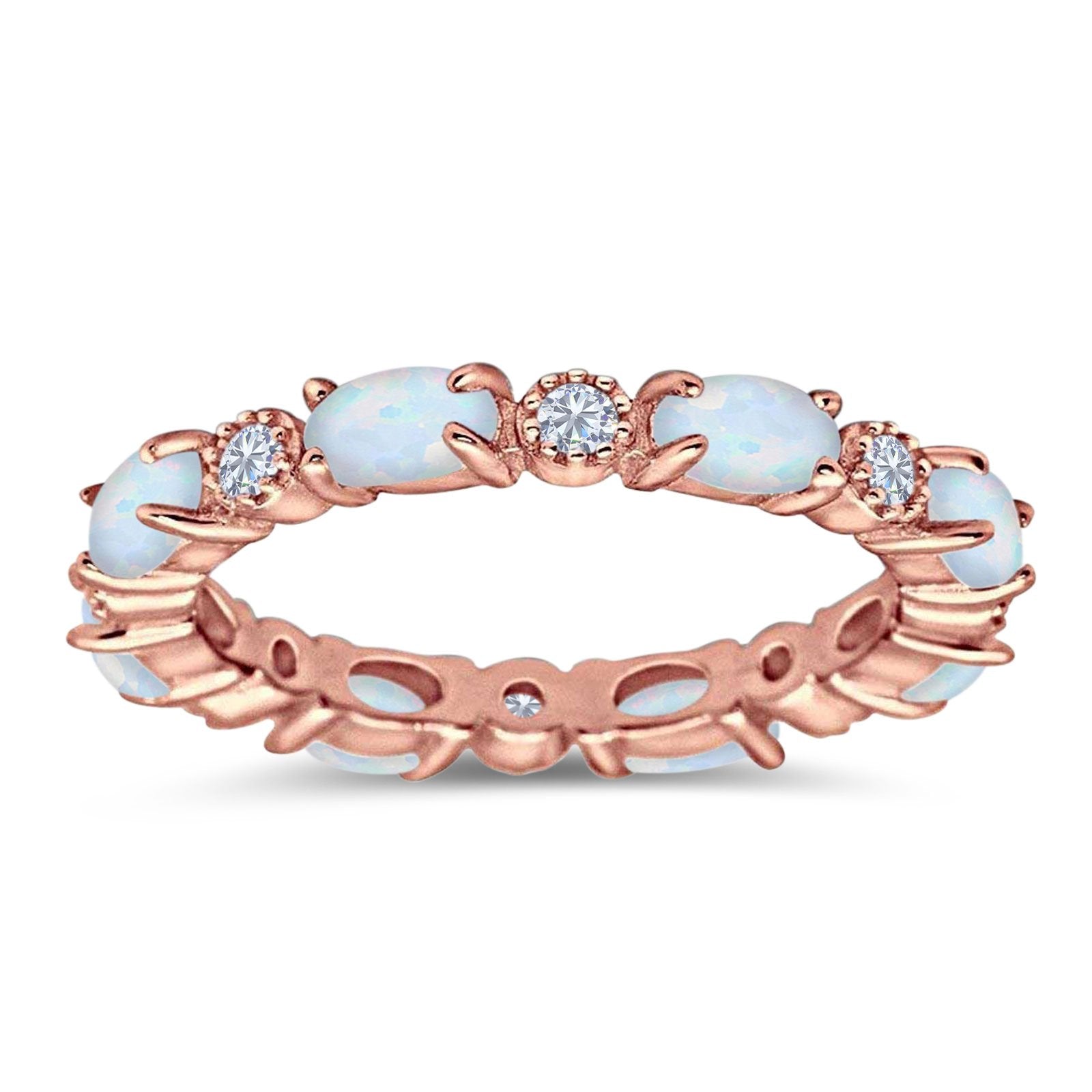 Full Eternity Stackable Band Ring Oval Created Opal 925 Sterling Silver