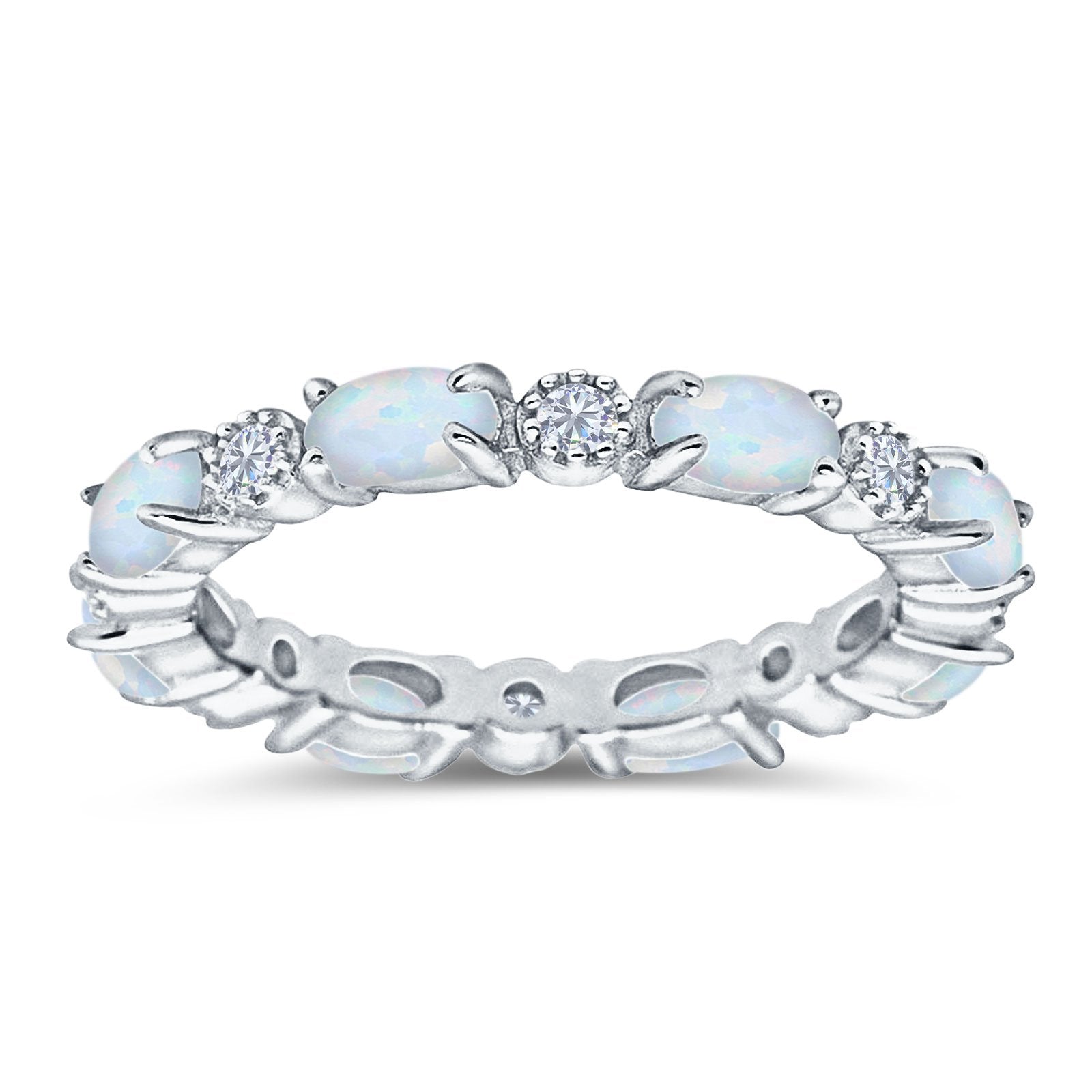 Full Eternity Stackable Band Ring Oval Created Opal 925 Sterling Silver
