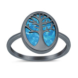 Oval Tree of Life Ring Lab Created Opal Rhodium Plated 925 Sterling Silver