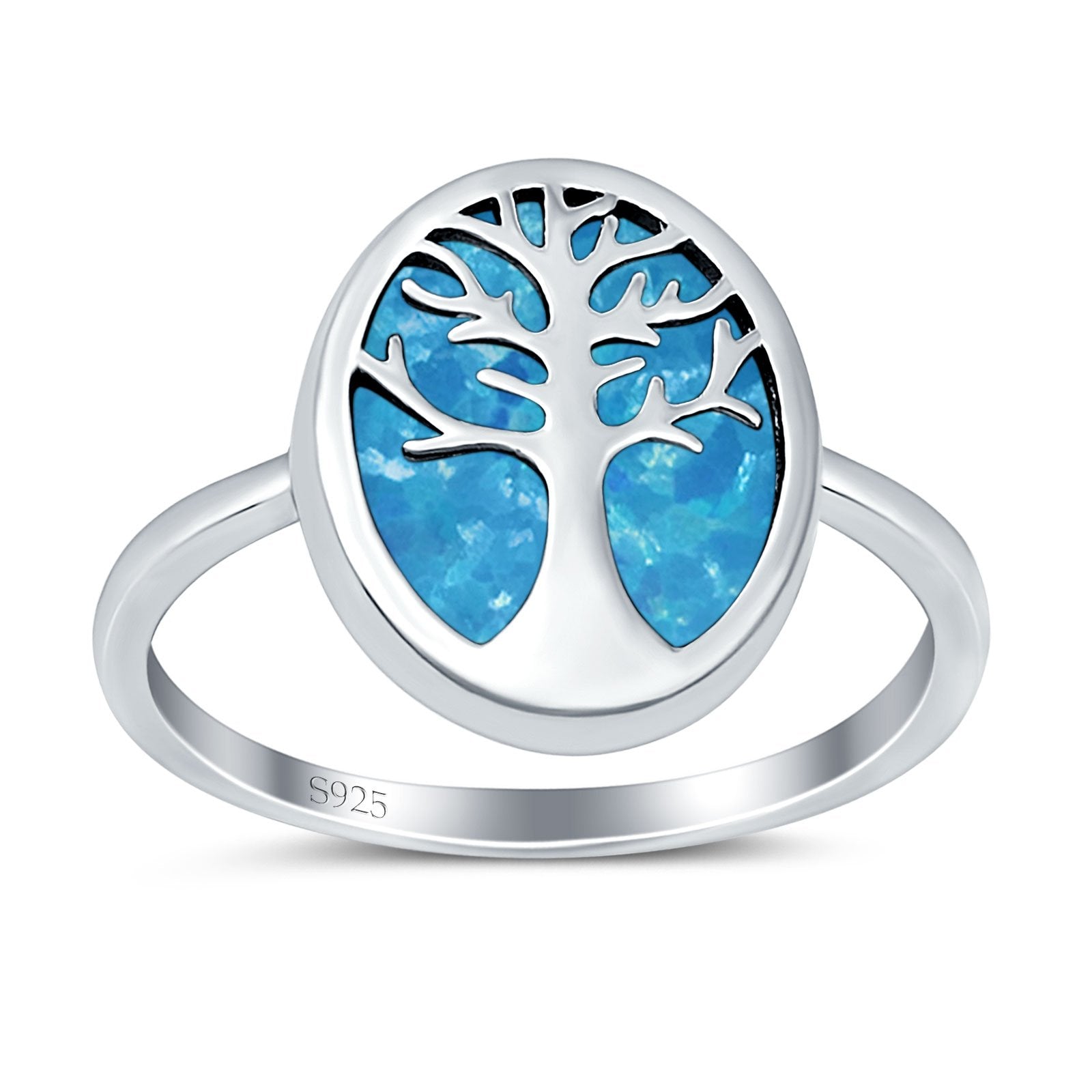 Oval Tree of Life Ring Lab Created Opal Rhodium Plated 925 Sterling Silver