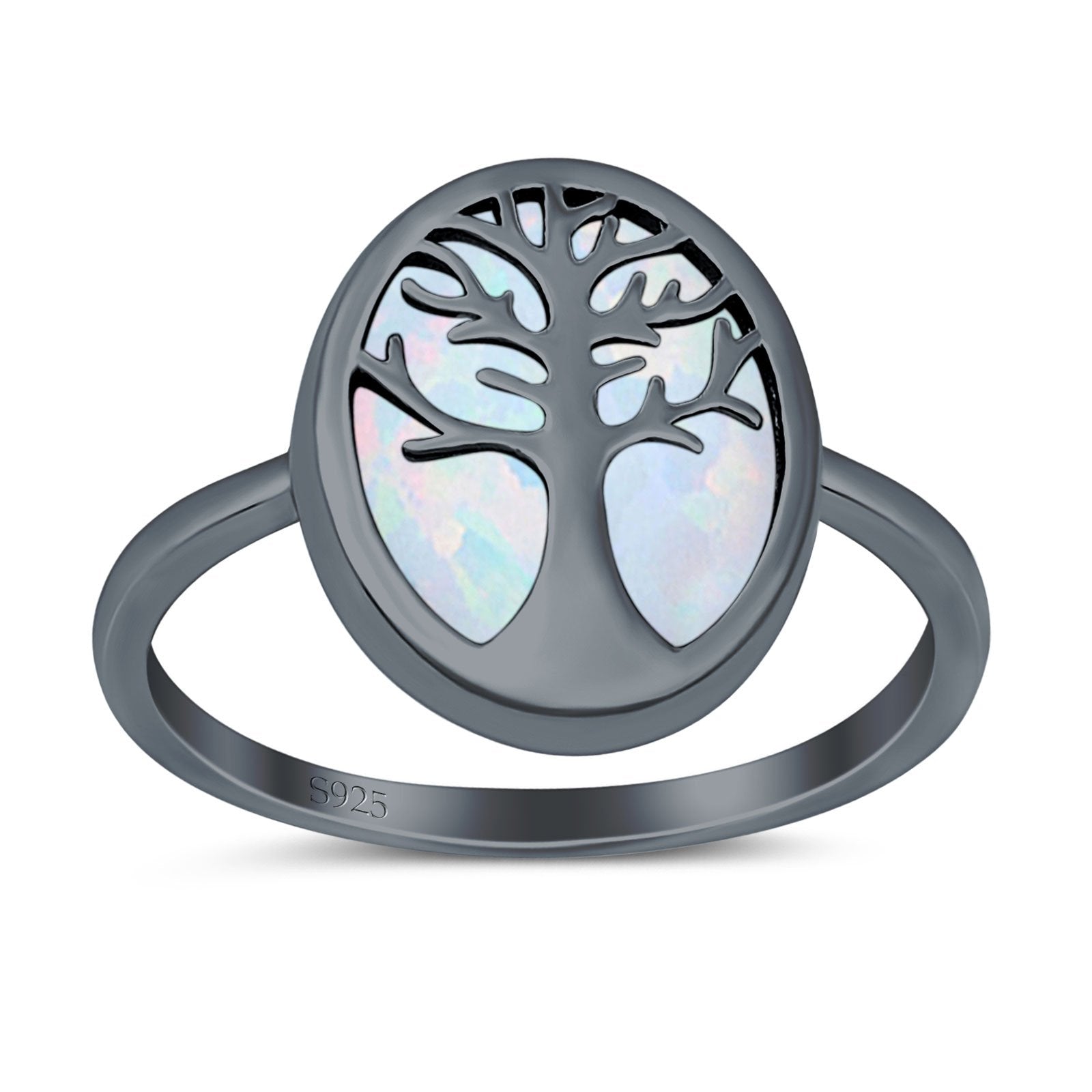 Oval Tree of Life Ring Lab Created Opal Rhodium Plated 925 Sterling Silver