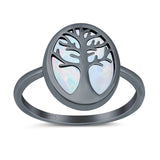 Oval Tree of Life Ring Lab Created Opal Rhodium Plated 925 Sterling Silver