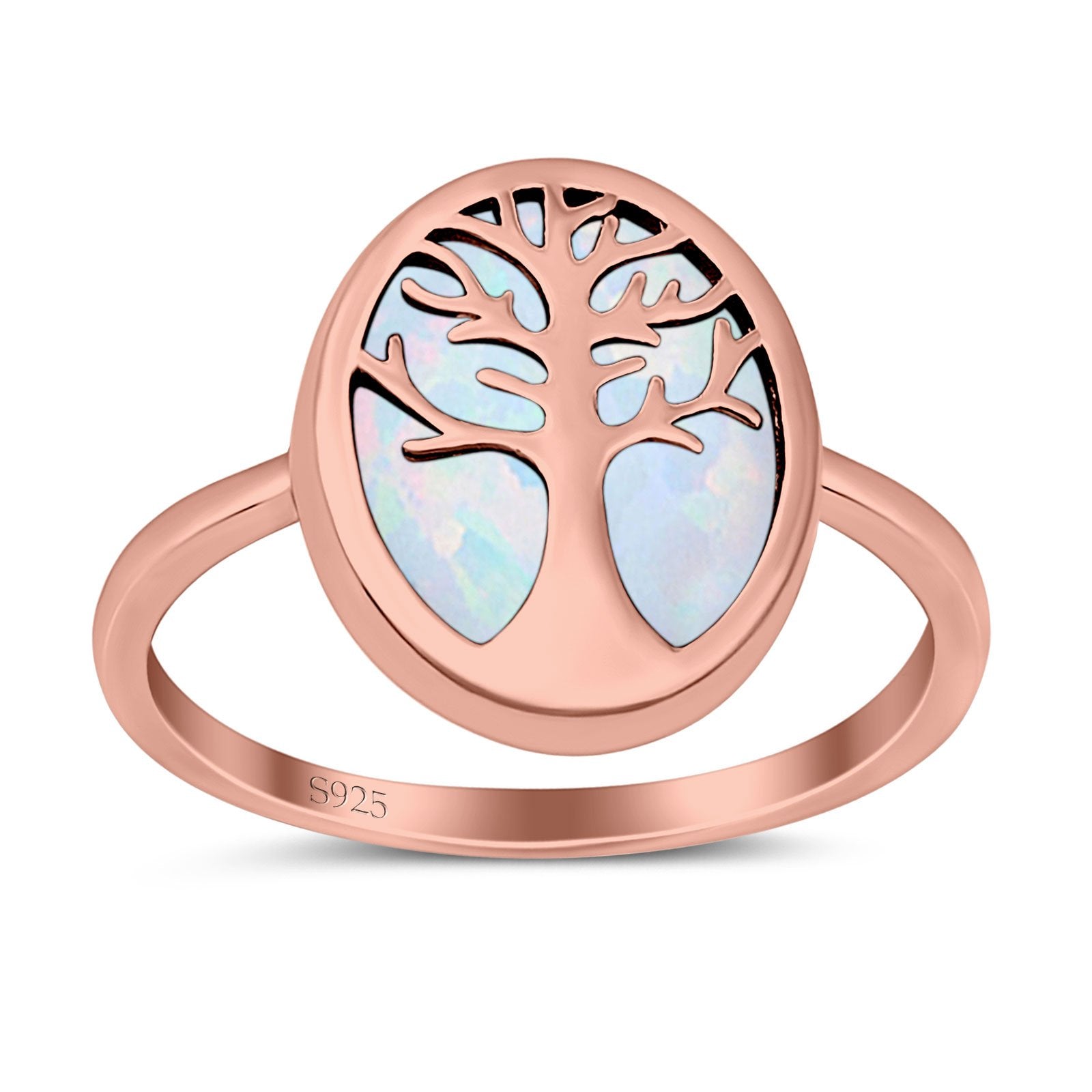 Oval Tree of Life Ring Lab Created Opal Rhodium Plated 925 Sterling Silver