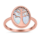 Oval Tree of Life Ring Lab Created Opal Rhodium Plated 925 Sterling Silver