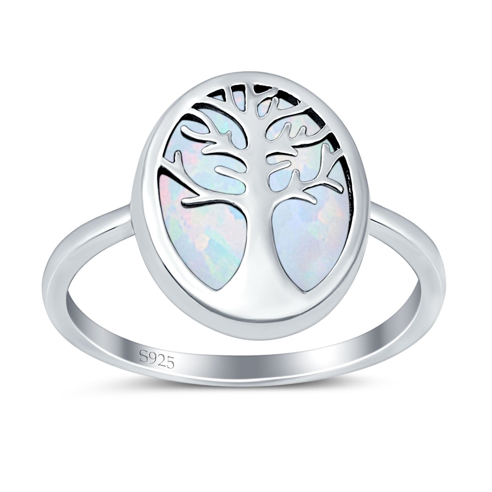 Oval Tree of Life Ring Lab Created Opal Rhodium Plated 925 Sterling Silver