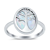Oval Tree of Life Ring Lab Created Opal Rhodium Plated 925 Sterling Silver