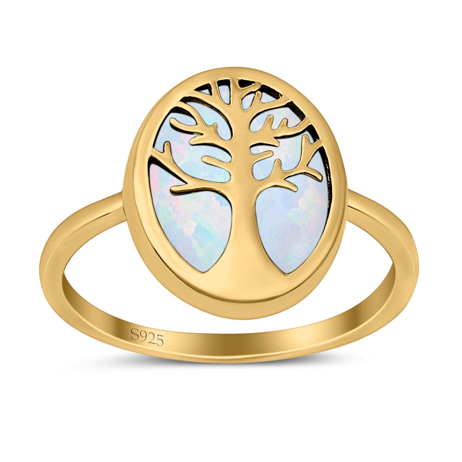Oval Tree of Life Ring Lab Created Opal Rhodium Plated 925 Sterling Silver