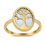 Oval Tree of Life Ring Lab Created Opal Rhodium Plated 925 Sterling Silver