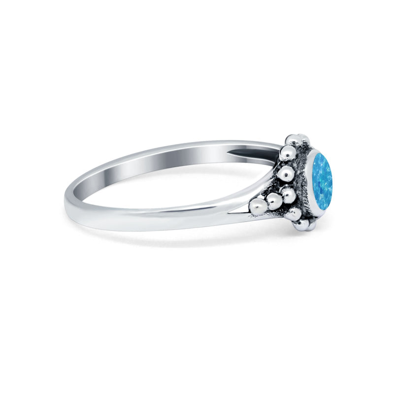 Bali Design Oxidized Style Lab Created Blue Opal Ring 925 Sterling Silver