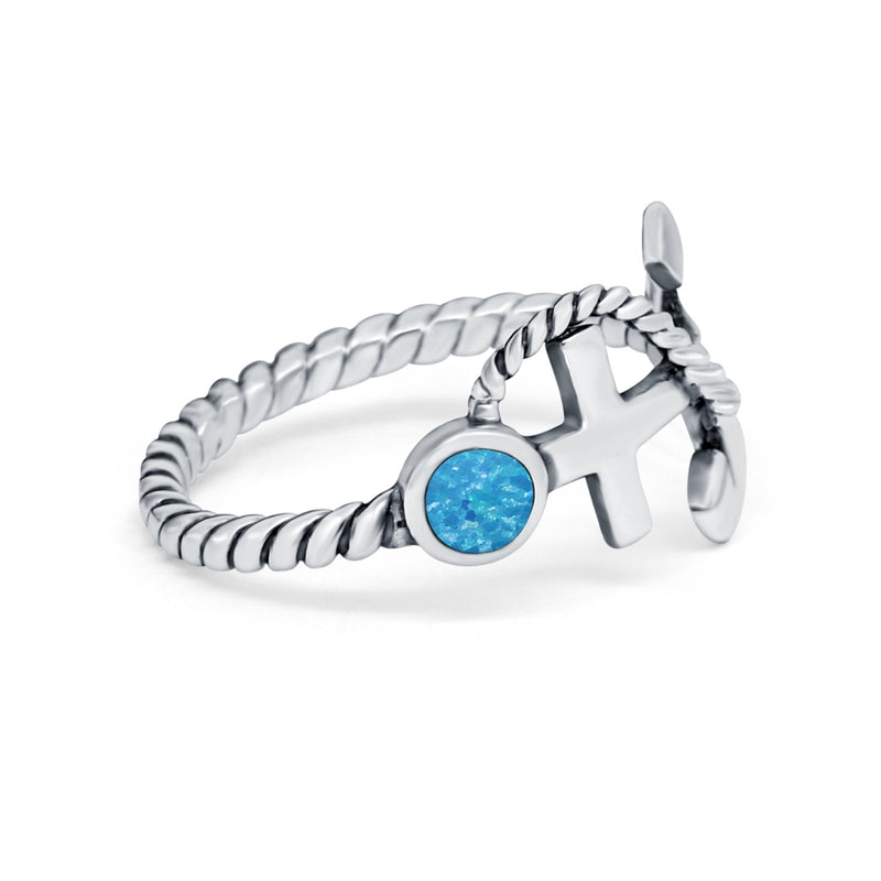 Twisted Rope Nautial Anchor Thumb Ring Simulated Cubic Zirconia 925 Sterling Silver
