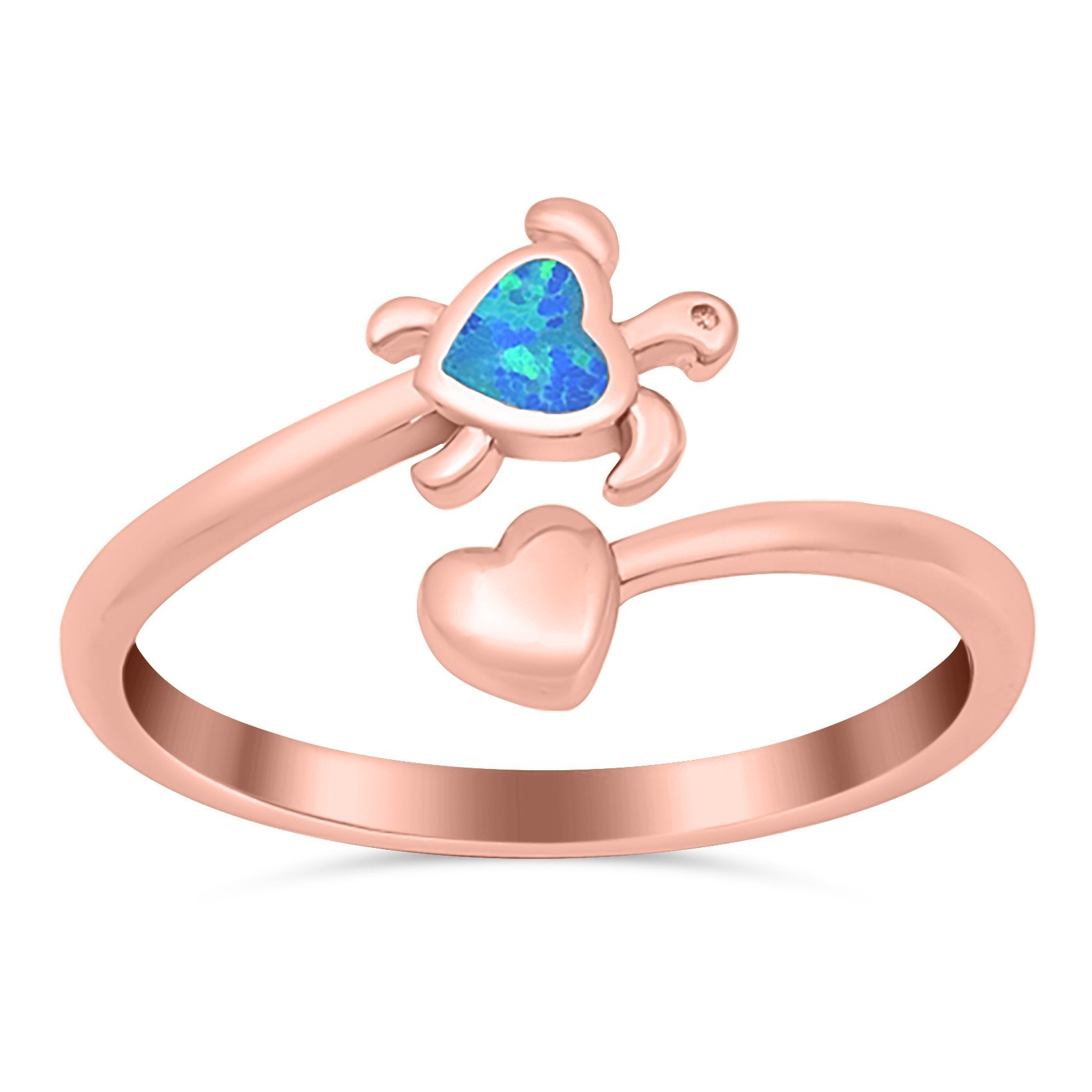 Turtle & Heart Ring Band Lab Created Opal 925 Sterling Silver (10mm)