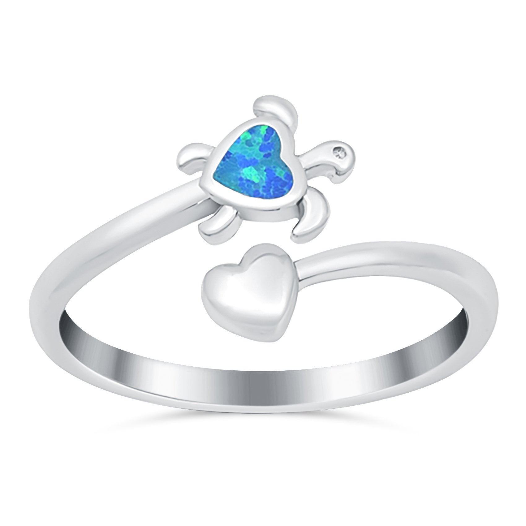 Turtle & Heart Ring Band Lab Created Opal 925 Sterling Silver (10mm)