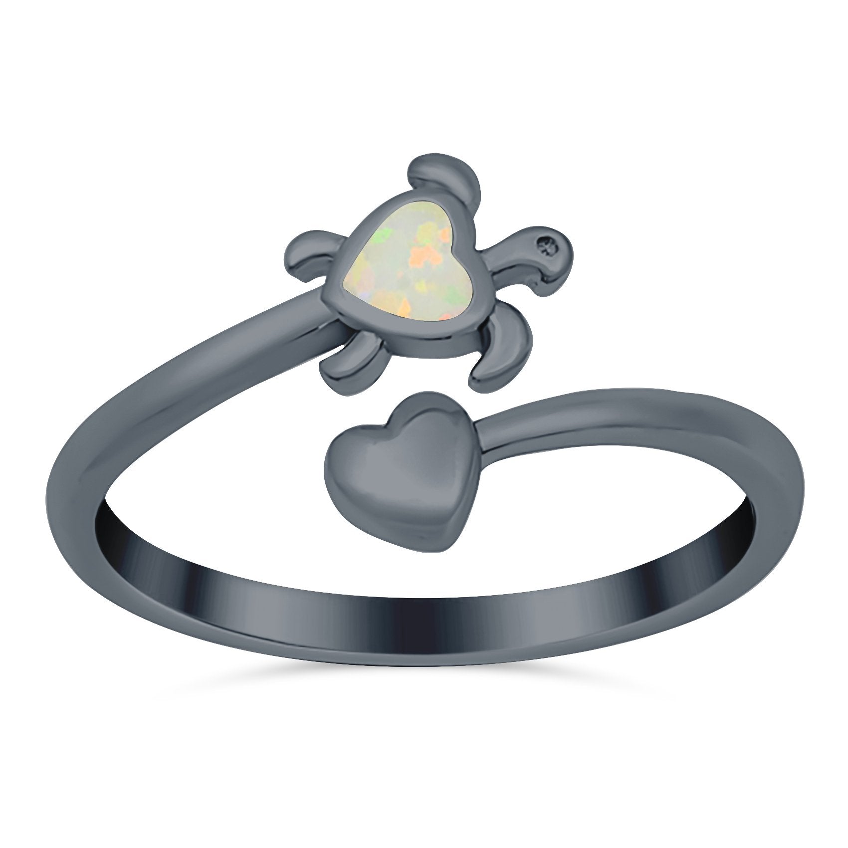 Turtle & Heart Ring Band Lab Created Opal 925 Sterling Silver (10mm)