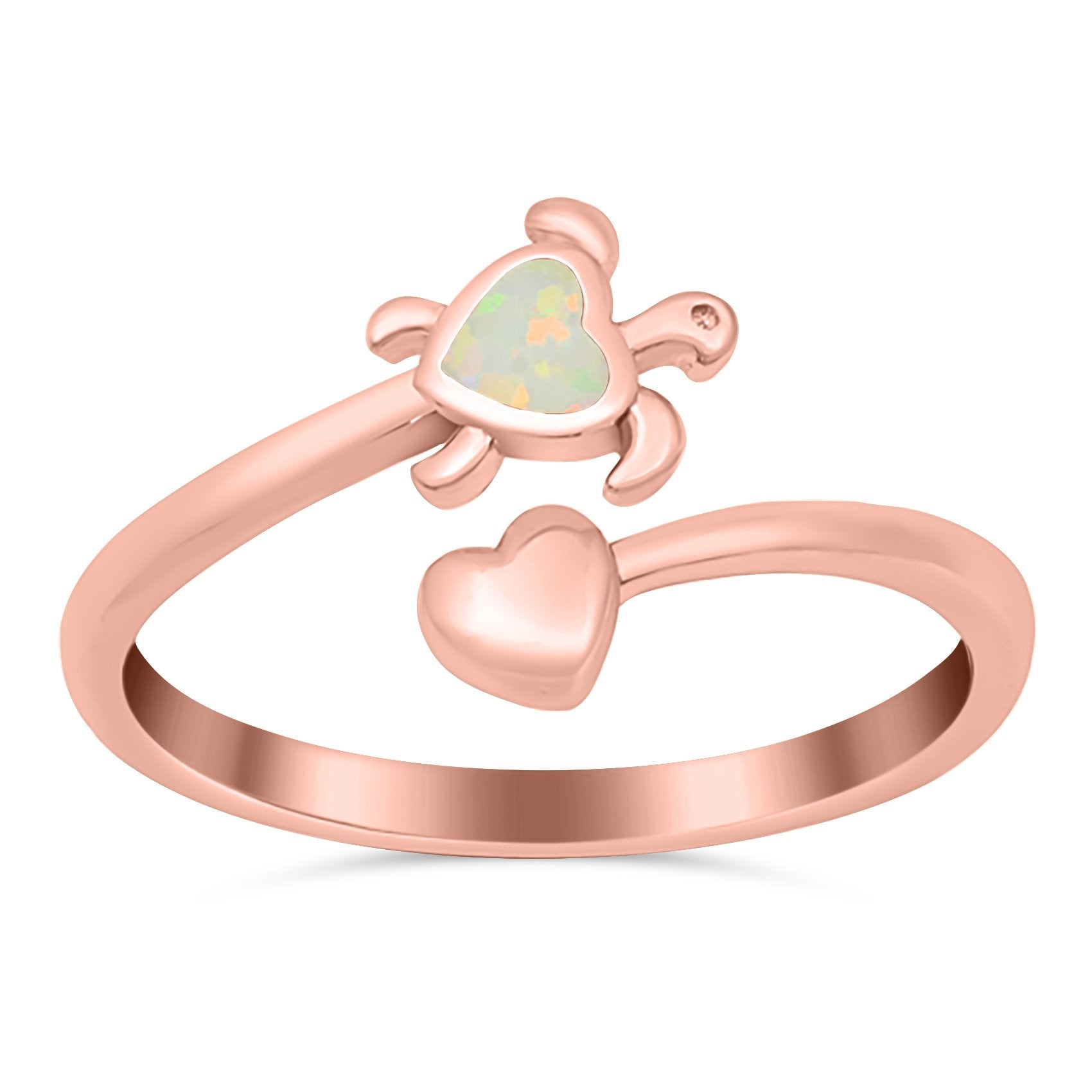 Turtle & Heart Ring Band Lab Created Opal 925 Sterling Silver (10mm)