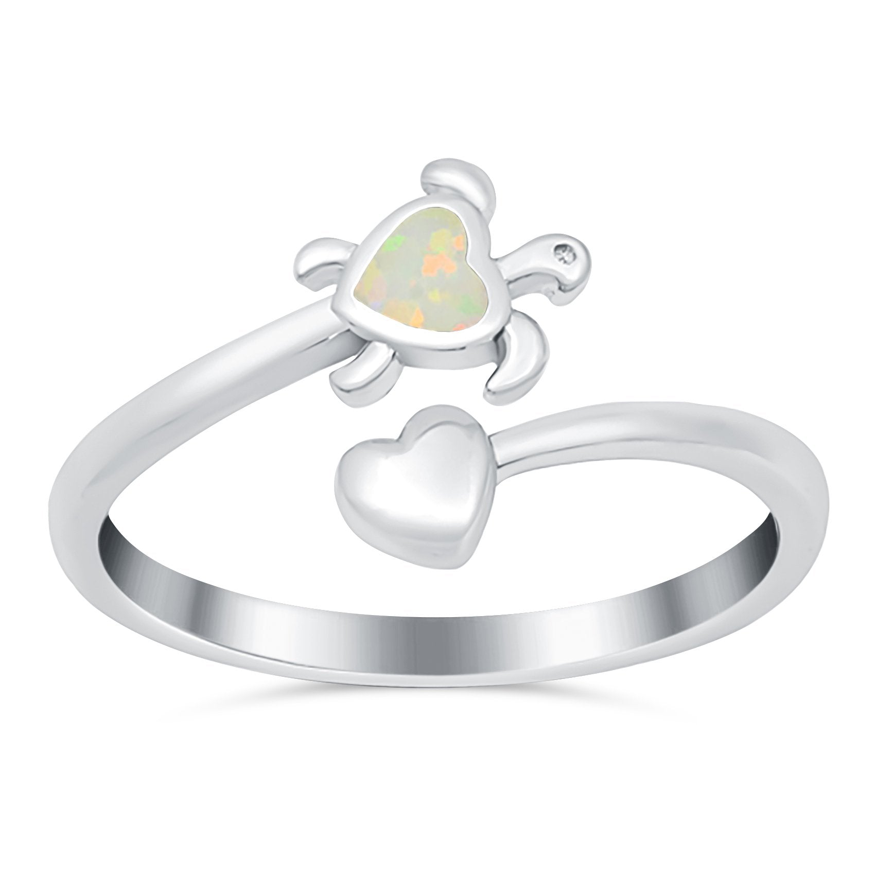 Turtle & Heart Ring Band Lab Created Opal 925 Sterling Silver (10mm)