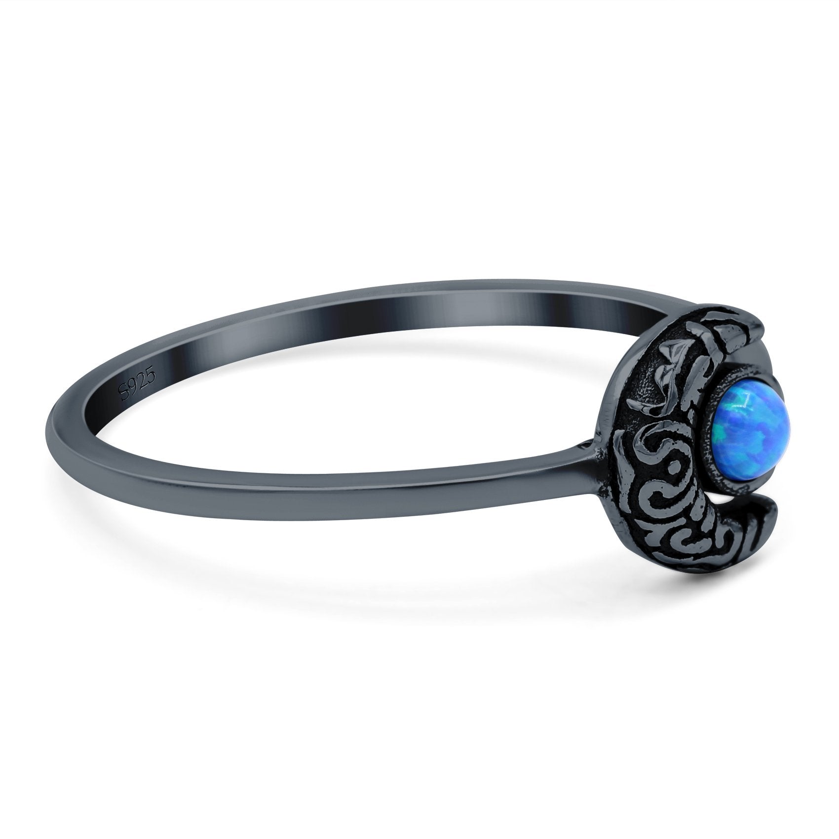Crescent Moon Band Ring Round Lab Created Opal 925 Sterling Silver