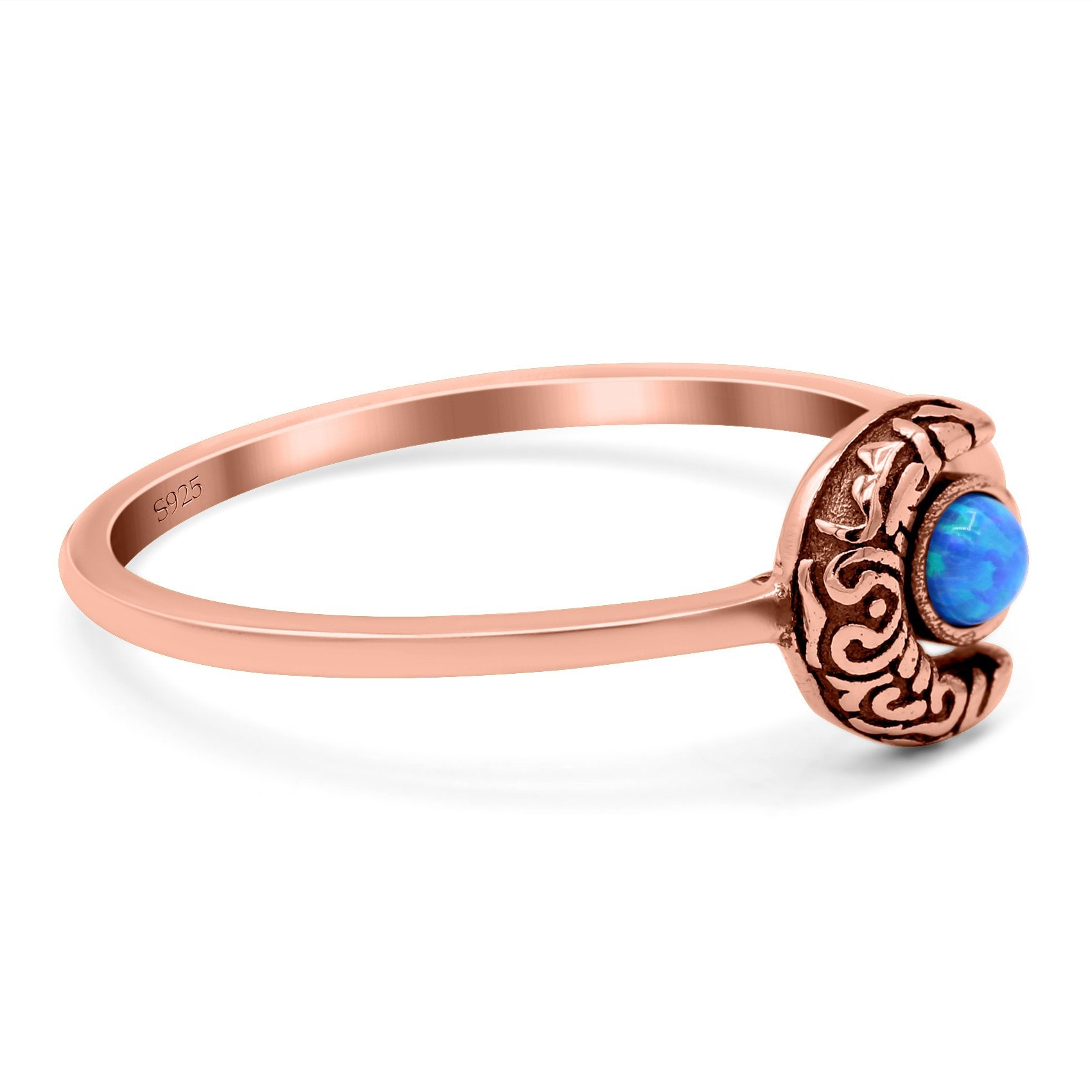 Crescent Moon Band Ring Round Lab Created Opal 925 Sterling Silver
