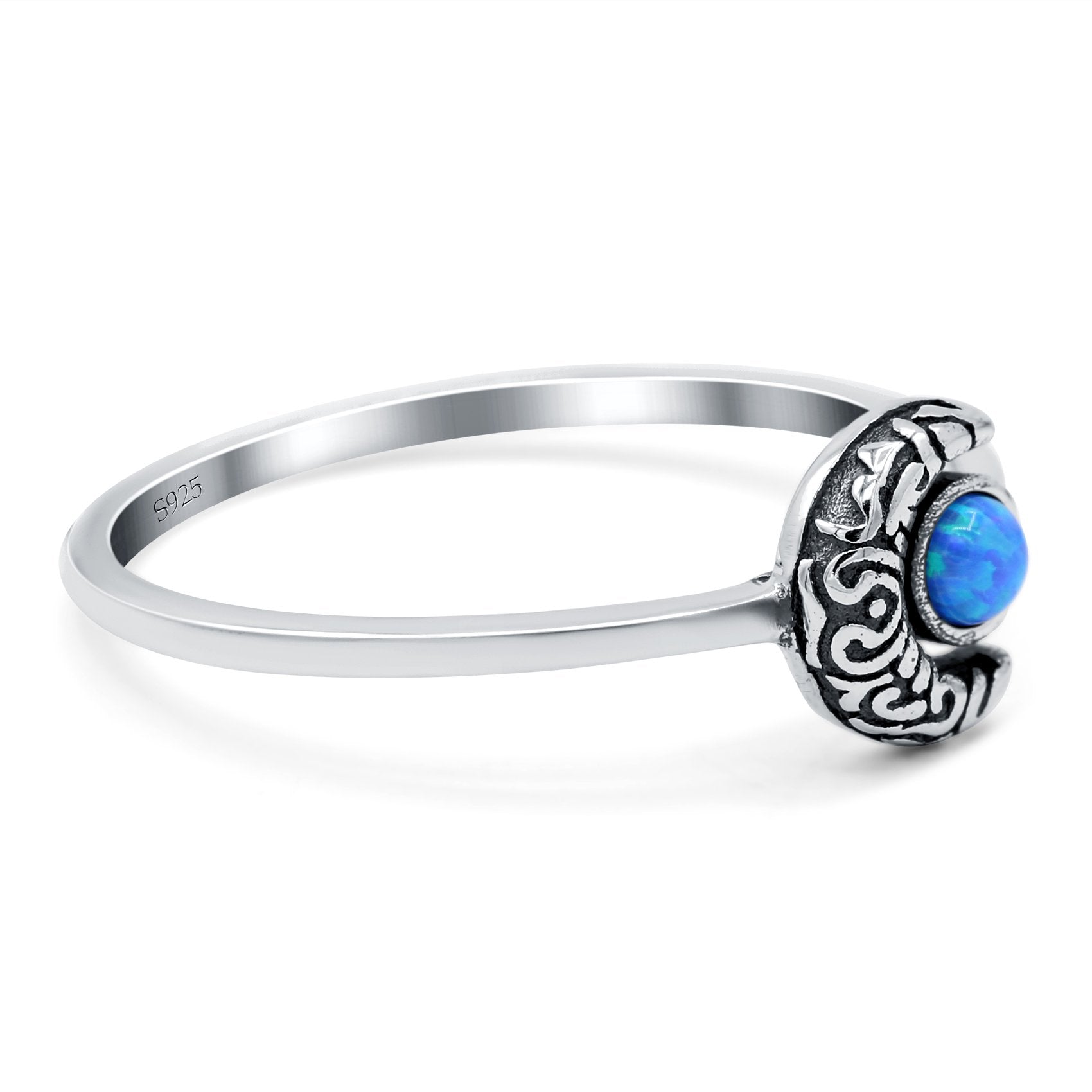 Crescent Moon Band Ring Round Lab Created Opal 925 Sterling Silver