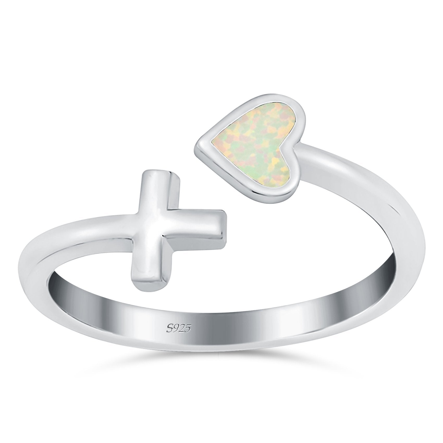 Heart & Cross Ring Band Lab Created Opal 925 Sterling Silver (7mm)