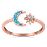 Moon & Star Ring Lab Created Opal Simulated Cubic Zirconia 925 Sterling Silver