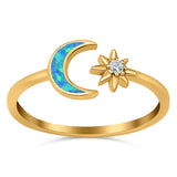 Moon & Star Ring Lab Created Opal Simulated Cubic Zirconia 925 Sterling Silver
