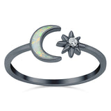 Moon & Star Ring Lab Created Opal Simulated Cubic Zirconia 925 Sterling Silver