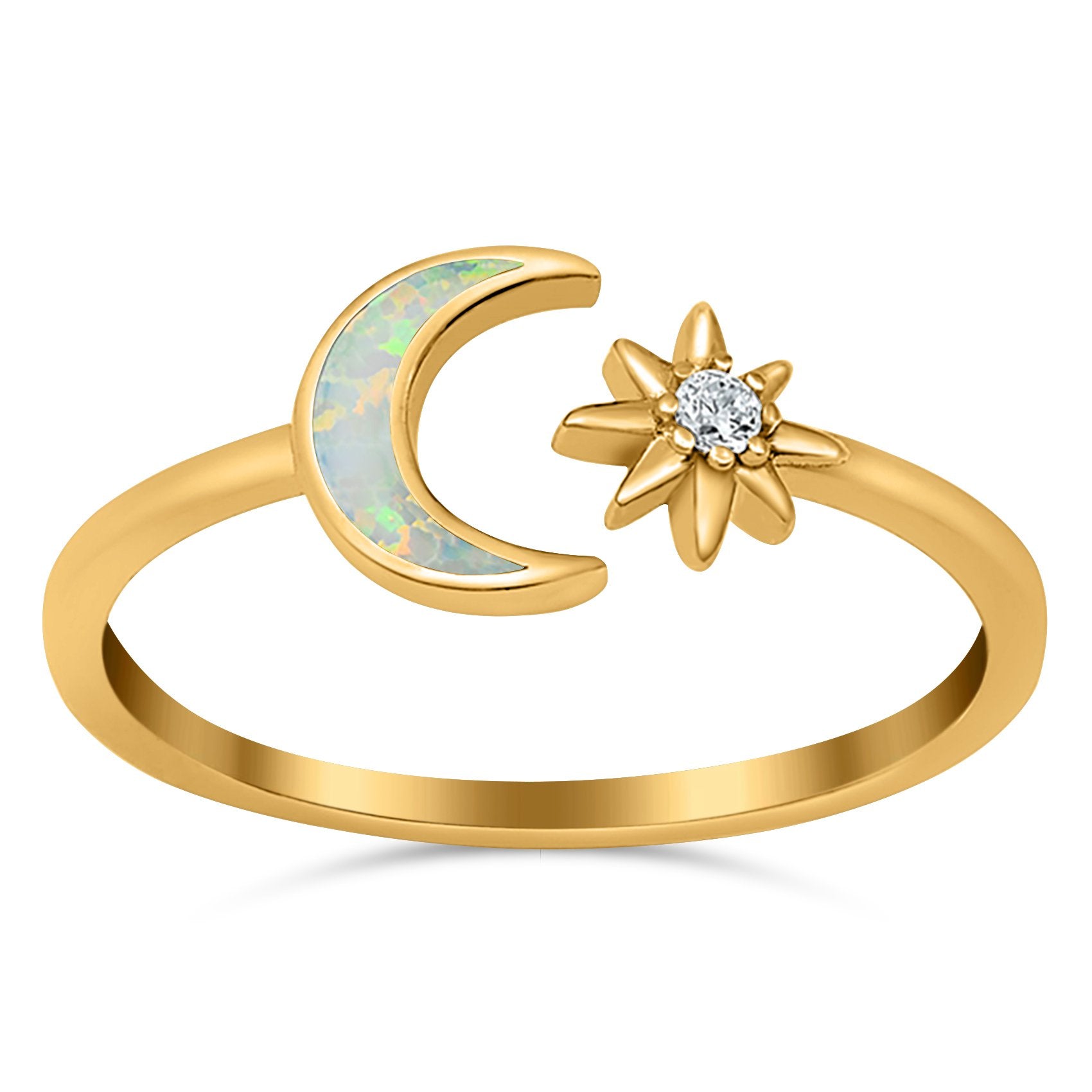 Moon & Star Ring Lab Created Opal Simulated Cubic Zirconia 925 Sterling Silver