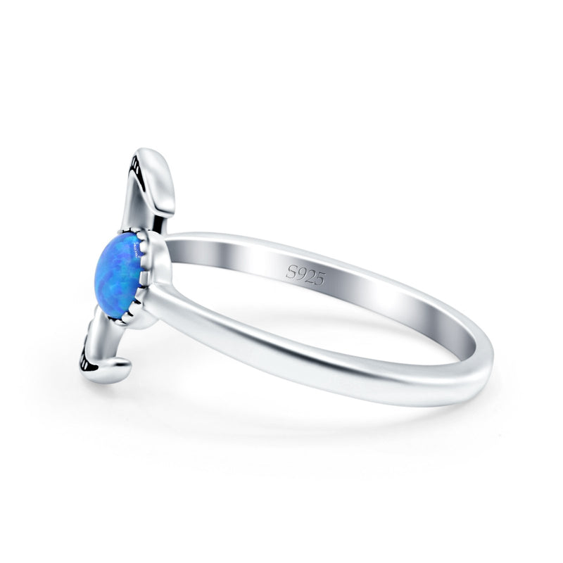 Crescent Moon Ring Band Lab Created Blue Opal Oxidized Round 925 Sterling Silver