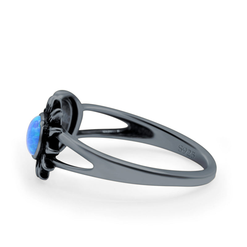Sun & Moon Ring Lab Created Blue Opal Oxidized Round 925 Sterling Silver