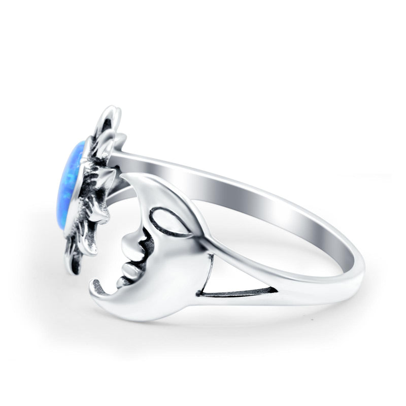Sun & Moon Ring Lab Created Blue Opal Oxidized Round 925 Sterling Silver