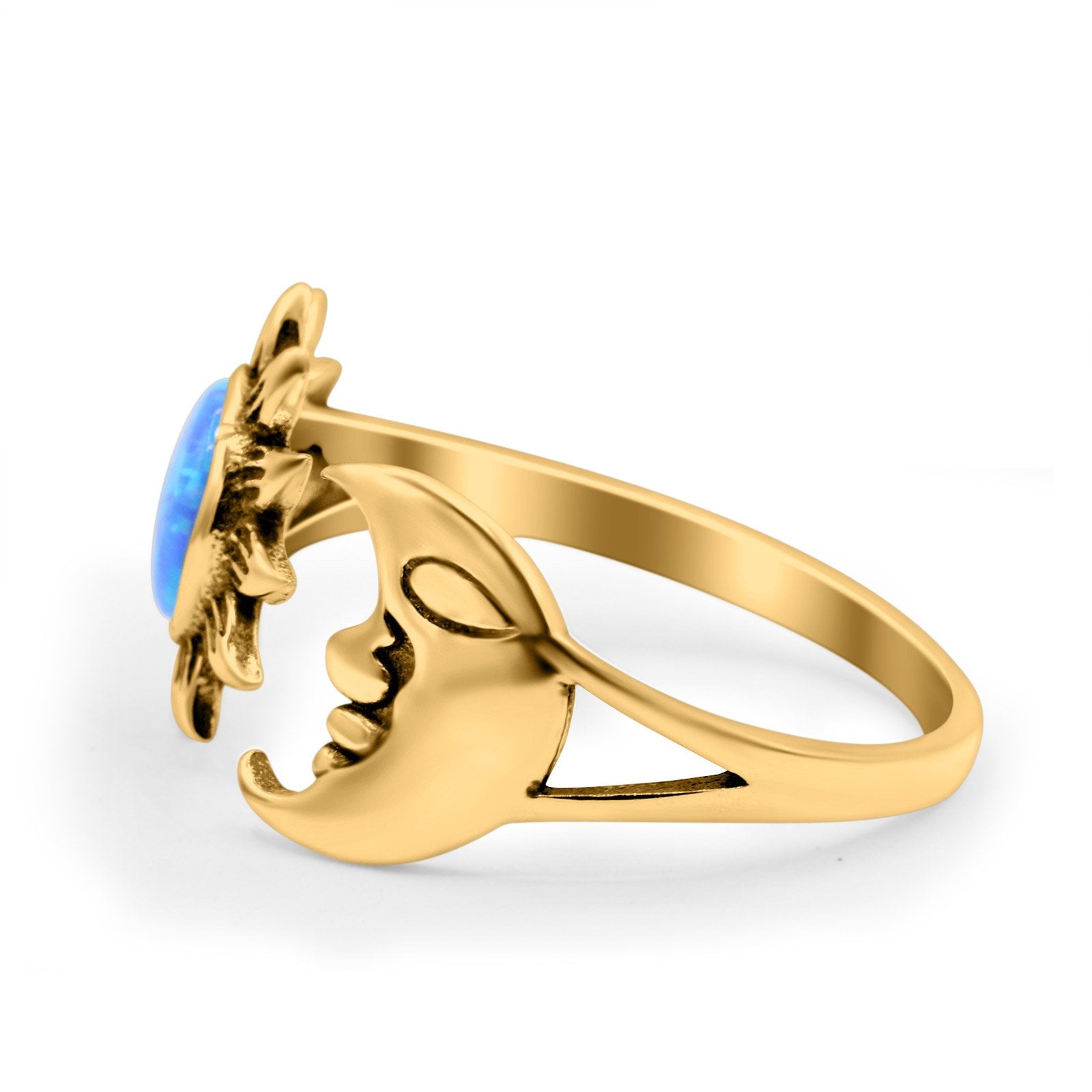 Sun & Moon Ring Lab Created Blue Opal Oxidized Round 925 Sterling Silver