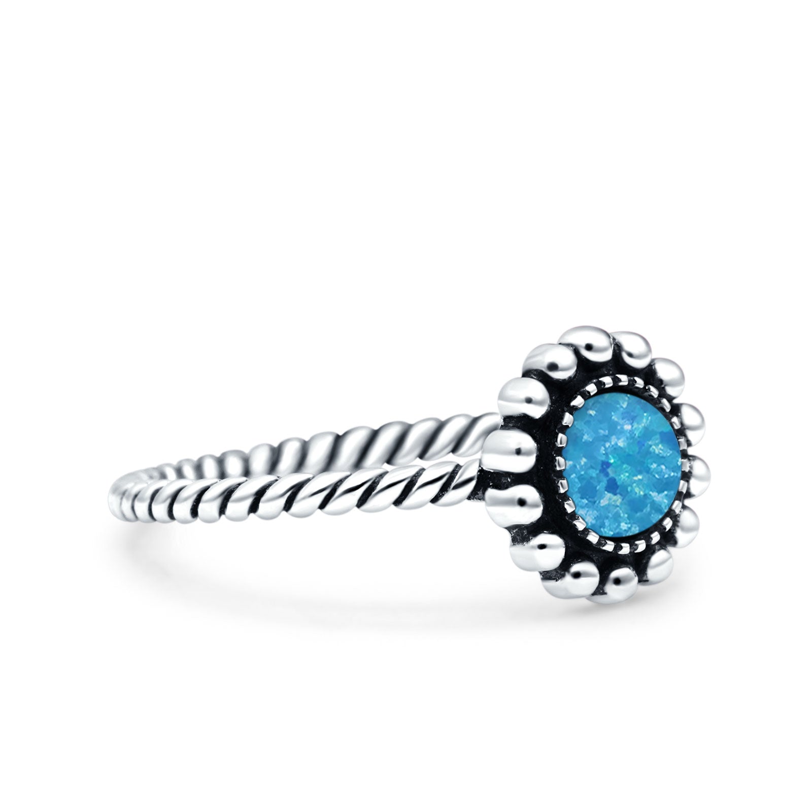 Petite Dainty Rope Vintage Style Lab Opal Ring Solid Round Oxidized 925 Sterling Silver