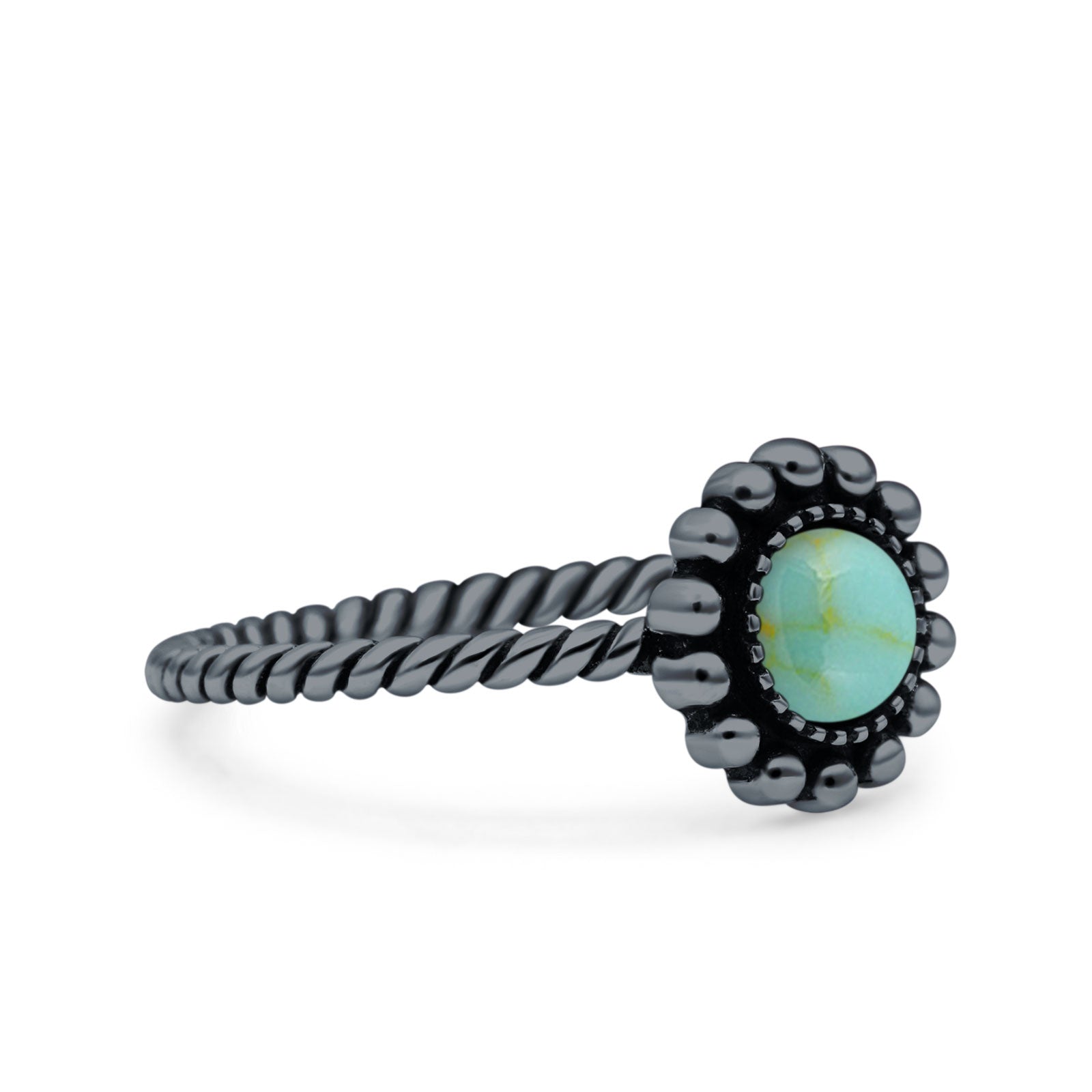 Petite Dainty Rope Vintage Style Lab Opal Ring Solid Round Oxidized 925 Sterling Silver